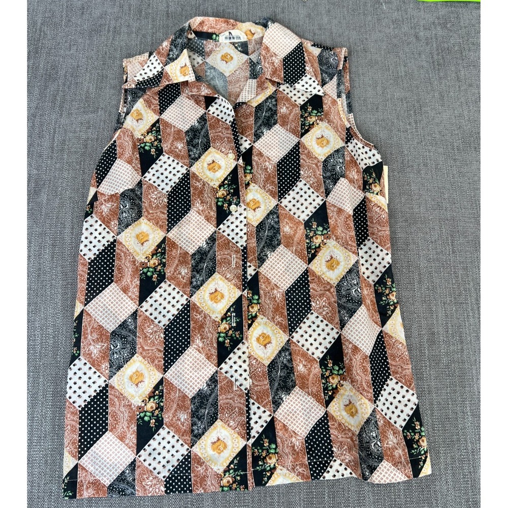 Sears Perma Prest Blouse Top Womens 14 Multi Floral Paisley Luxury Button Front